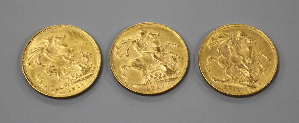 Three early 20th century gold full sovereigns, 1910,1911 & 1912.